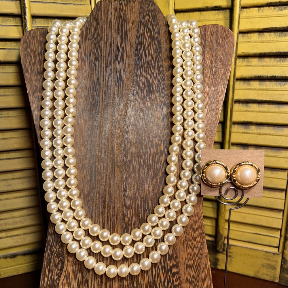 Gorgeous Vintage Faux Pearl Triple-Strand Necklace and Goldtone Earring Set